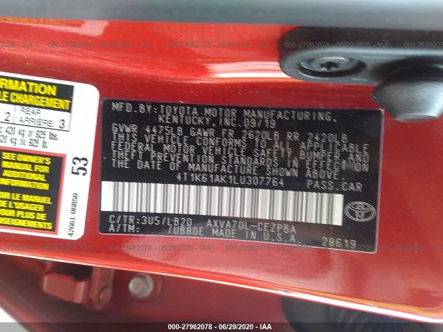 Photo 8 VIN: 4T1K61AK1LU307764 - TOYOTA CAMRY 