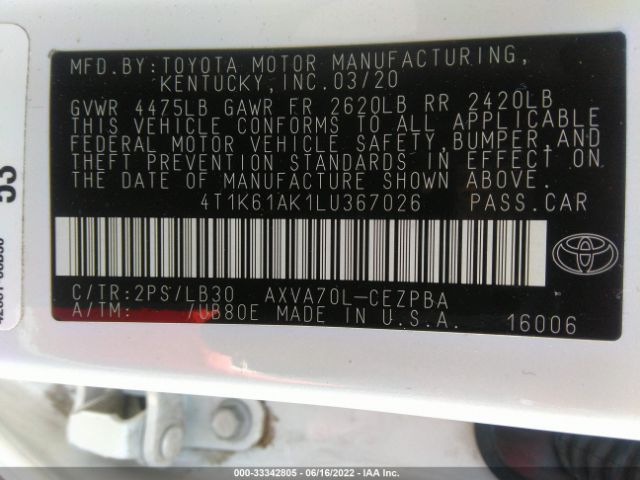 Photo 8 VIN: 4T1K61AK1LU367026 - TOYOTA CAMRY 