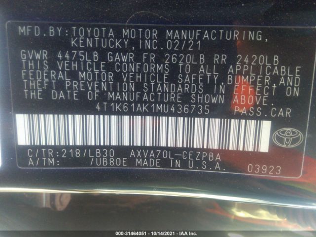 Photo 8 VIN: 4T1K61AK1MU436735 - TOYOTA CAMRY 