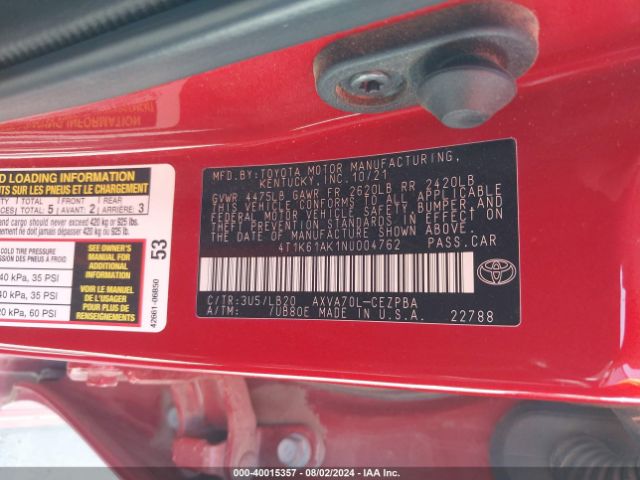 Photo 8 VIN: 4T1K61AK1NU004762 - TOYOTA CAMRY 