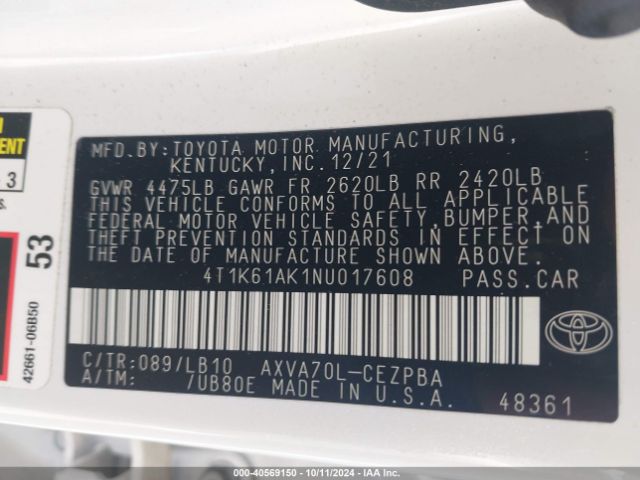 Photo 8 VIN: 4T1K61AK1NU017608 - TOYOTA CAMRY 