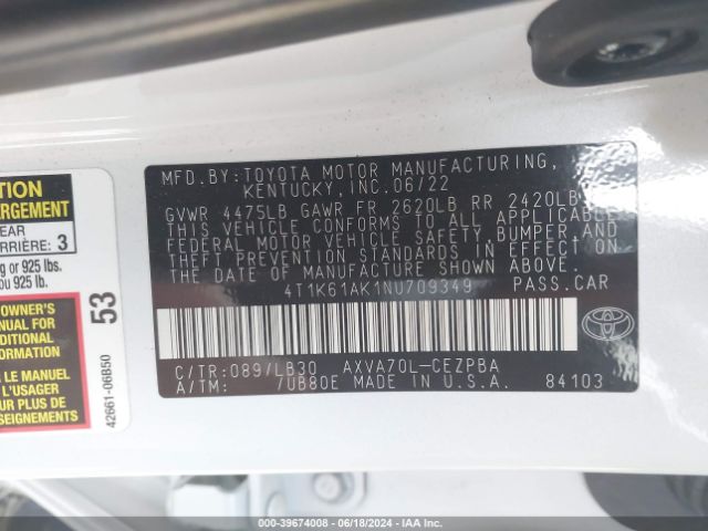 Photo 8 VIN: 4T1K61AK1NU709349 - TOYOTA CAMRY 