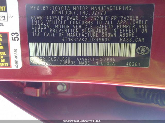 Photo 8 VIN: 4T1K61AK2LU349604 - TOYOTA CAMRY 