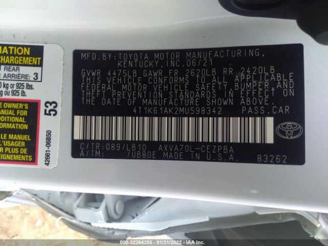 Photo 8 VIN: 4T1K61AK2MU598342 - TOYOTA CAMRY 