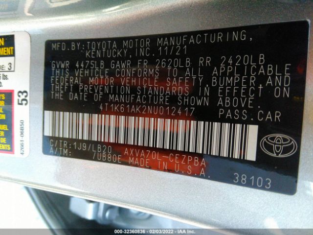 Photo 8 VIN: 4T1K61AK2NU012417 - TOYOTA CAMRY 