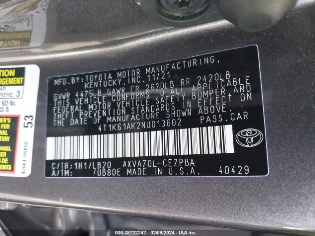 Photo 8 VIN: 4T1K61AK2NU013602 - TOYOTA CAMRY 