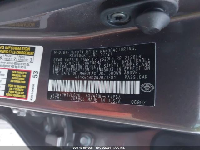 Photo 8 VIN: 4T1K61AK2NU021781 - TOYOTA CAMRY 