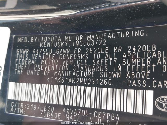 Photo 8 VIN: 4T1K61AK2NU031260 - TOYOTA CAMRY 