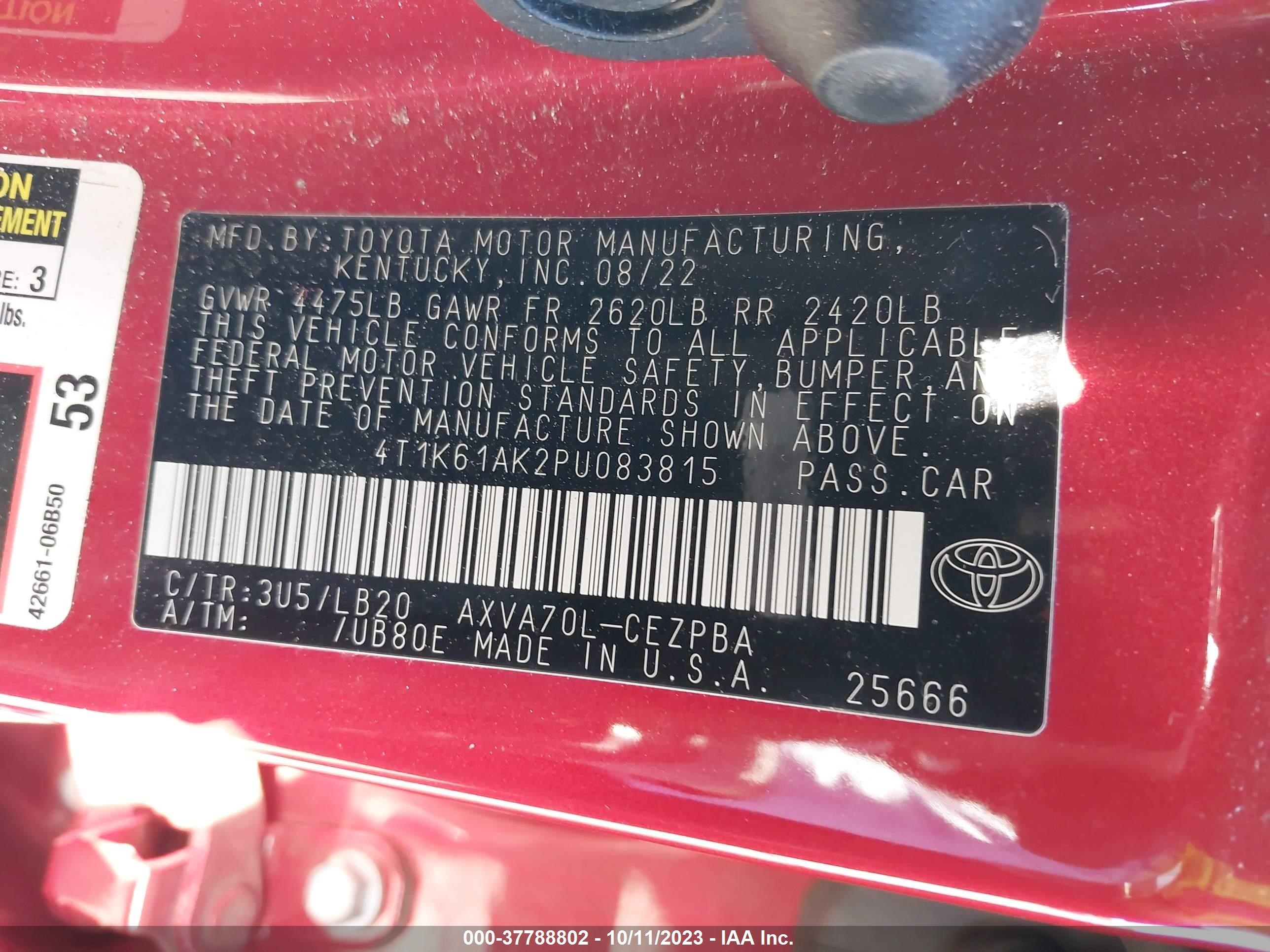 Photo 8 VIN: 4T1K61AK2PU083815 - TOYOTA CAMRY 