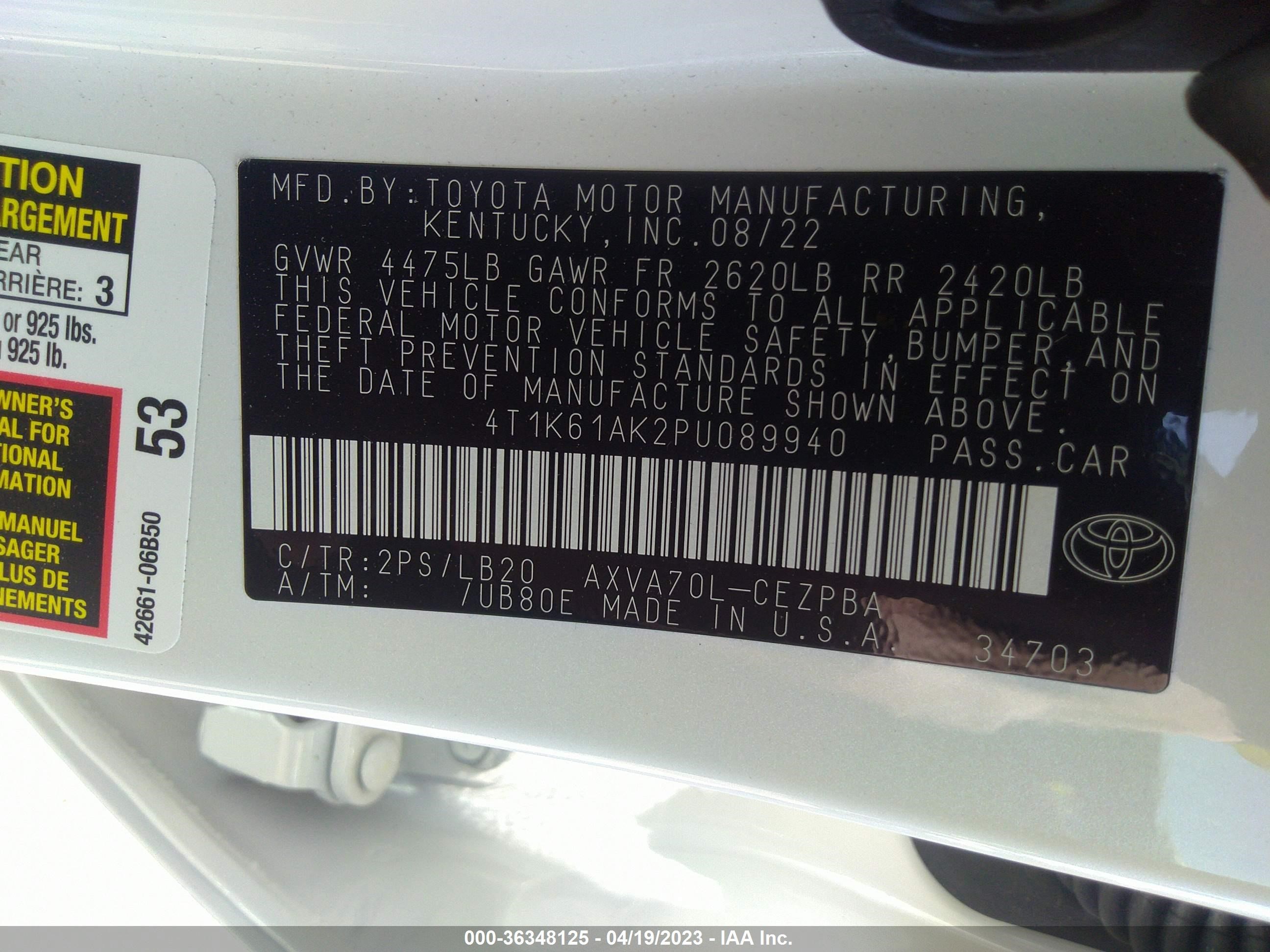 Photo 8 VIN: 4T1K61AK2PU089940 - TOYOTA CAMRY 