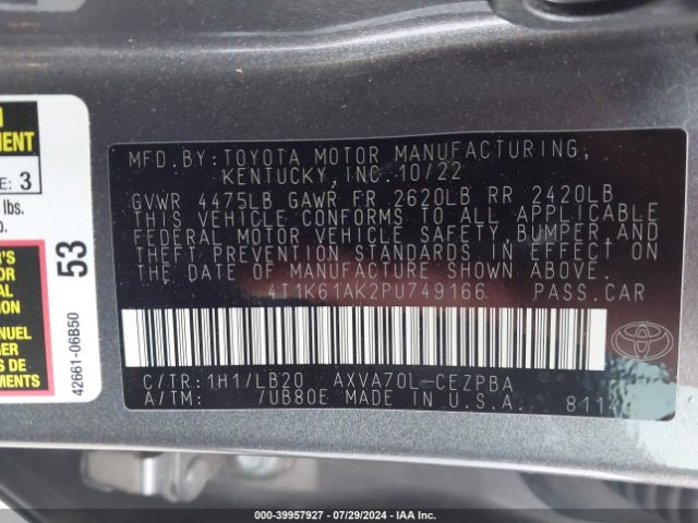 Photo 8 VIN: 4T1K61AK2PU749166 - TOYOTA CAMRY 