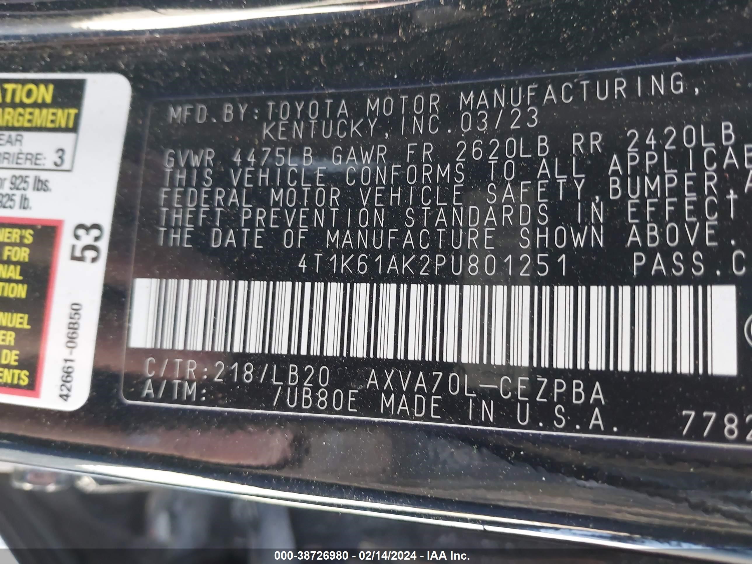 Photo 8 VIN: 4T1K61AK2PU801251 - TOYOTA CAMRY 