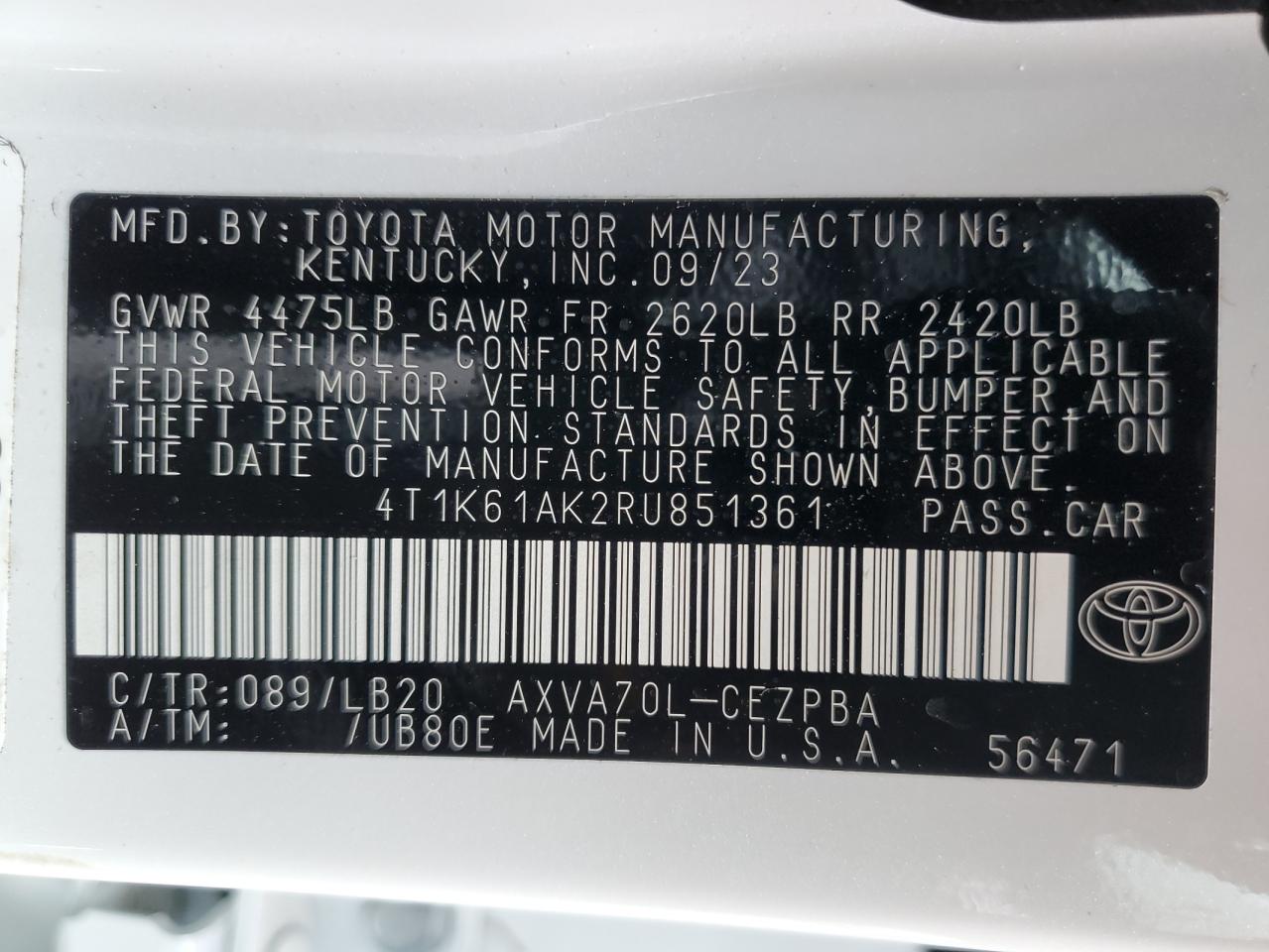 Photo 11 VIN: 4T1K61AK2RU851361 - TOYOTA CAMRY 