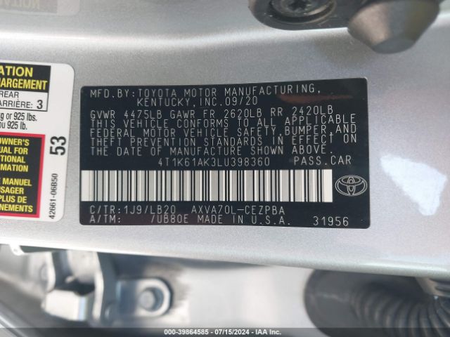 Photo 8 VIN: 4T1K61AK3LU398360 - TOYOTA CAMRY 