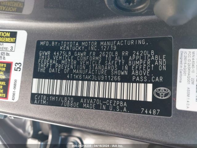 Photo 8 VIN: 4T1K61AK3LU911266 - TOYOTA CAMRY 