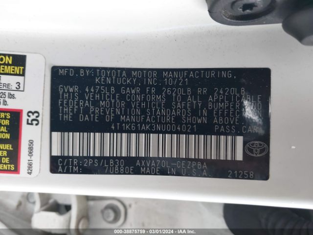 Photo 8 VIN: 4T1K61AK3NU004021 - TOYOTA CAMRY 