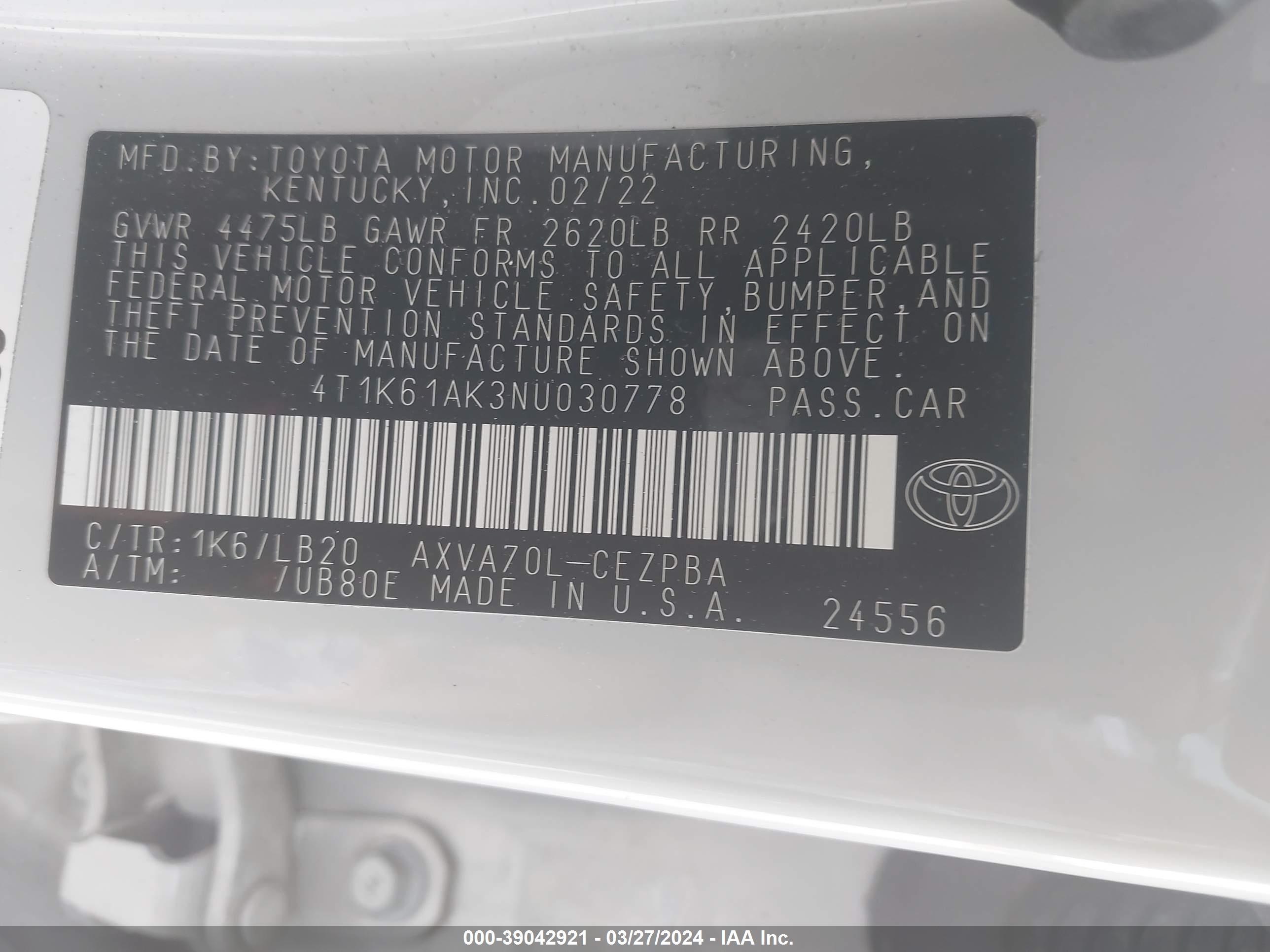 Photo 8 VIN: 4T1K61AK3NU030778 - TOYOTA CAMRY 