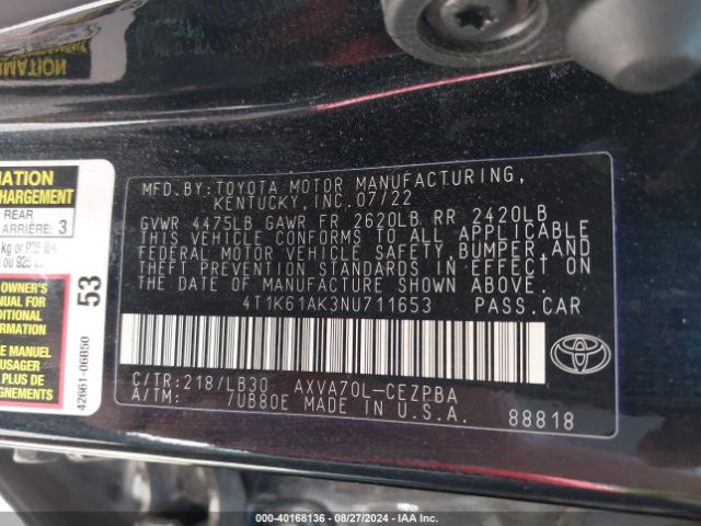 Photo 8 VIN: 4T1K61AK3NU711653 - TOYOTA CAMRY 