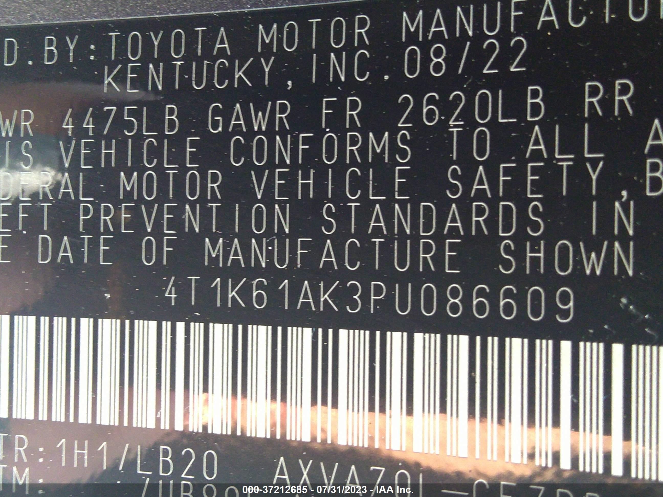 Photo 8 VIN: 4T1K61AK3PU086609 - TOYOTA CAMRY 