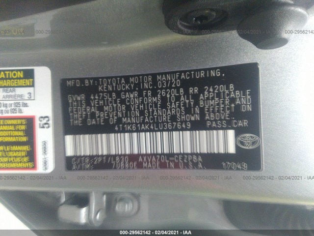 Photo 8 VIN: 4T1K61AK4LU367649 - TOYOTA CAMRY 