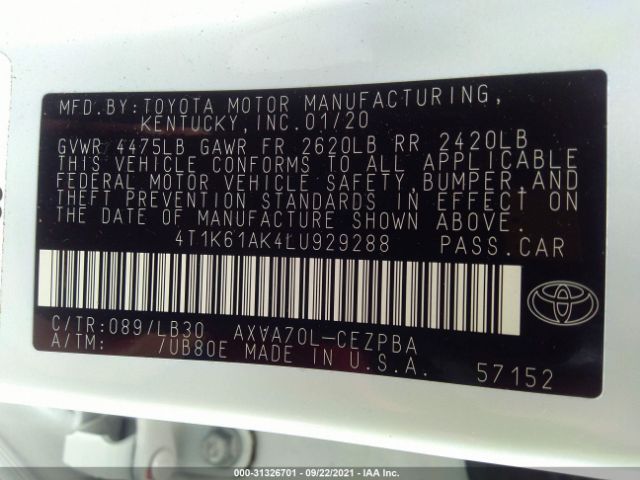 Photo 8 VIN: 4T1K61AK4LU929288 - TOYOTA CAMRY 