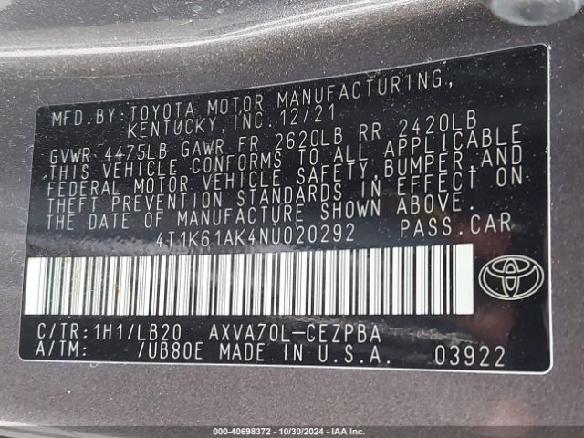 Photo 8 VIN: 4T1K61AK4NU020292 - TOYOTA CAMRY 