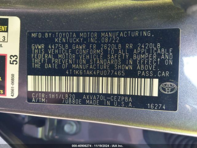 Photo 8 VIN: 4T1K61AK4PU077465 - TOYOTA CAMRY XSE 