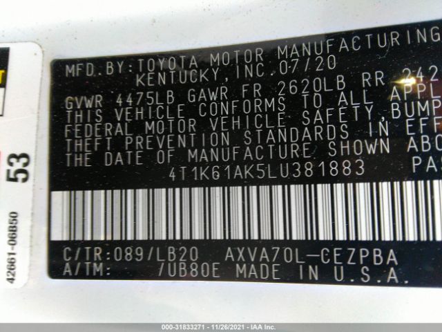 Photo 8 VIN: 4T1K61AK5LU381883 - TOYOTA CAMRY 