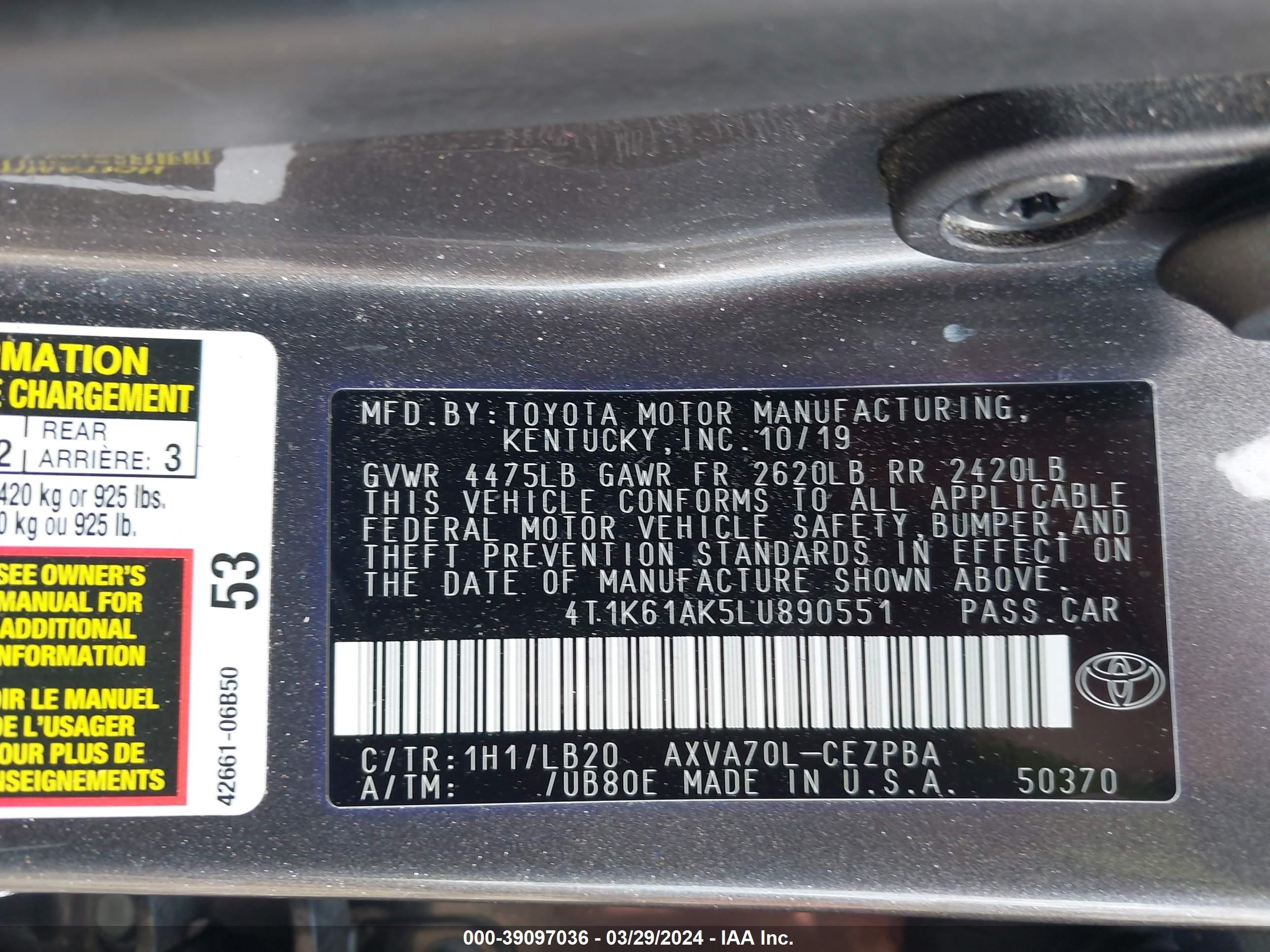 Photo 8 VIN: 4T1K61AK5LU890551 - TOYOTA CAMRY 