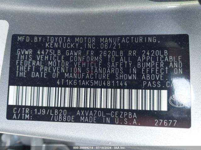 Photo 8 VIN: 4T1K61AK5MU481144 - TOYOTA CAMRY 