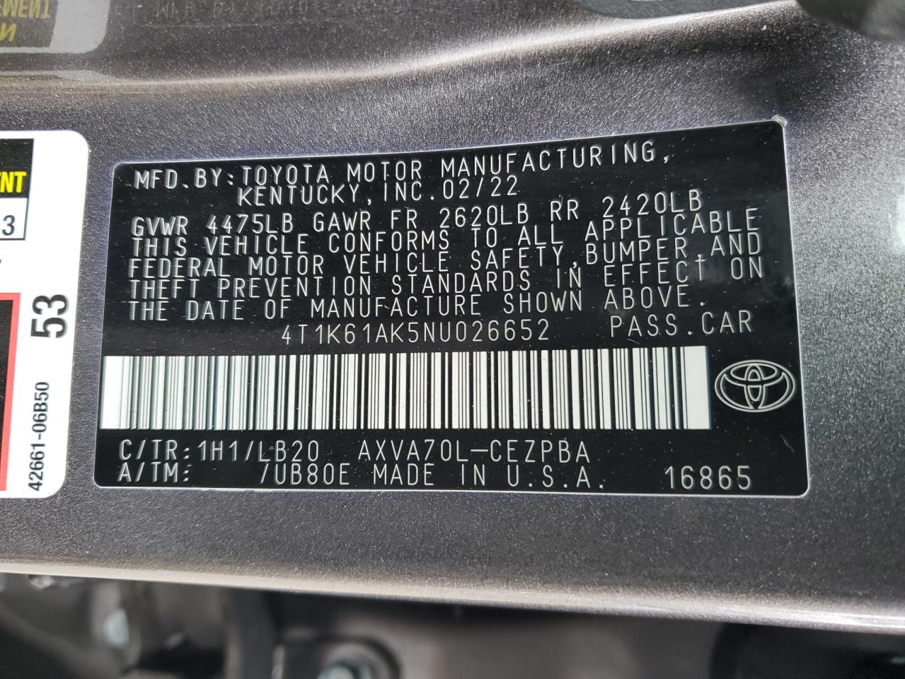 Photo 11 VIN: 4T1K61AK5NU026652 - TOYOTA CAMRY 