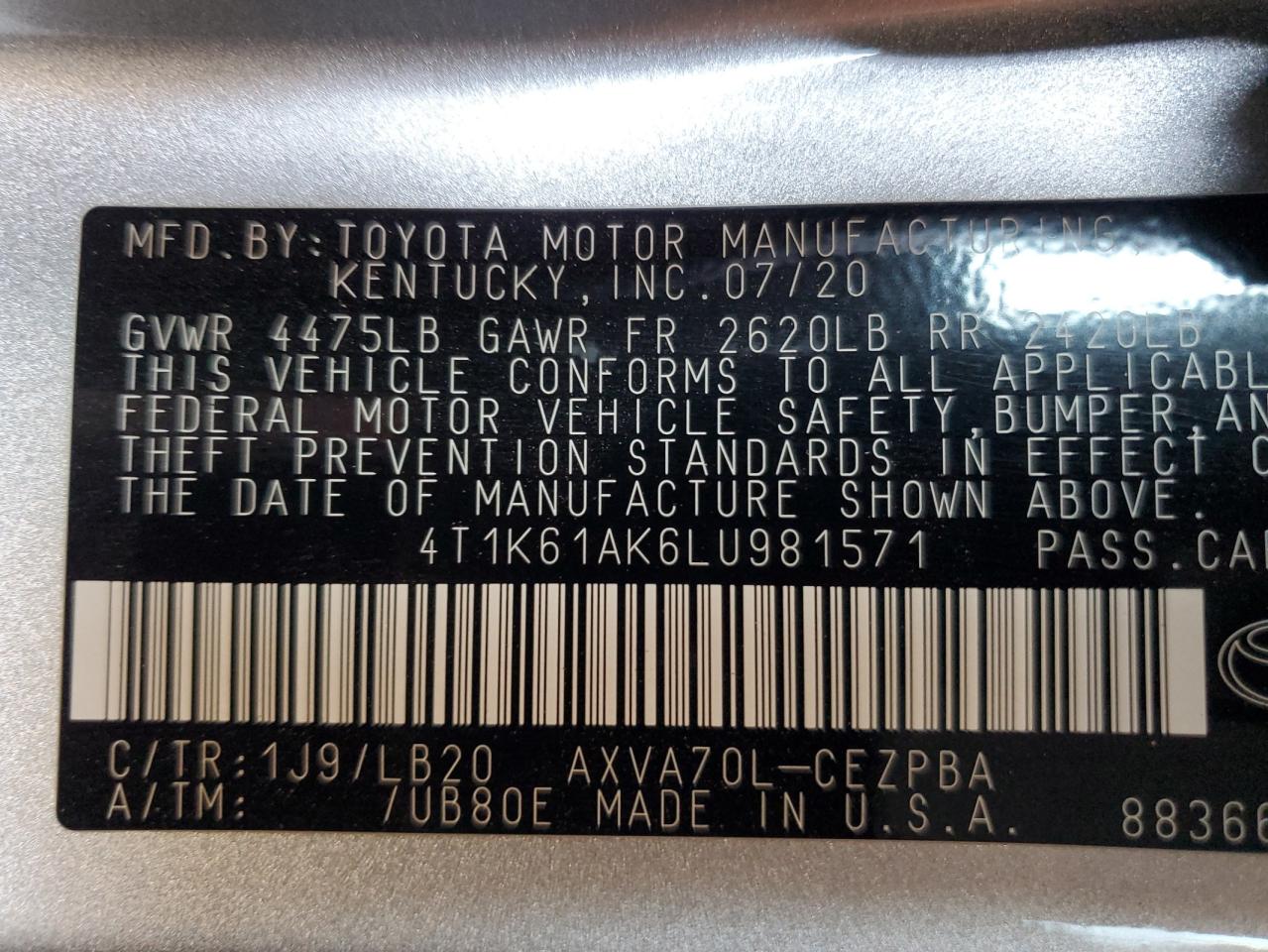 Photo 11 VIN: 4T1K61AK6LU981571 - TOYOTA CAMRY 