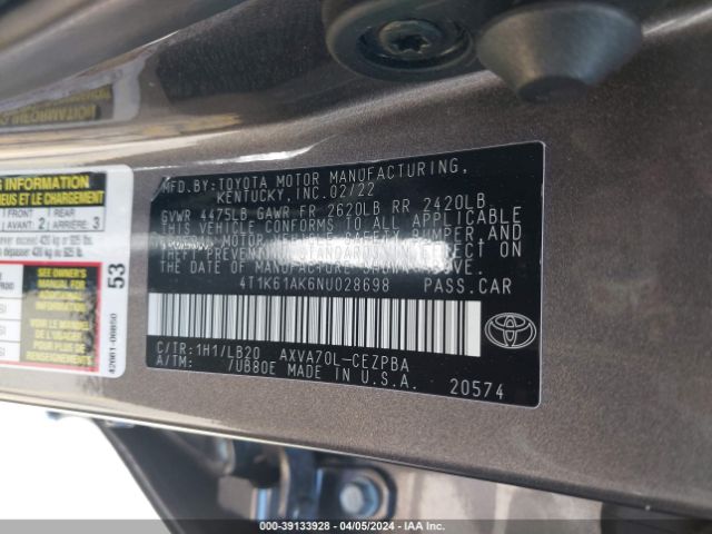 Photo 8 VIN: 4T1K61AK6NU028698 - TOYOTA CAMRY 