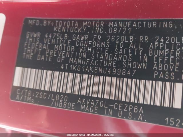 Photo 8 VIN: 4T1K61AK6NU499847 - TOYOTA CAMRY 