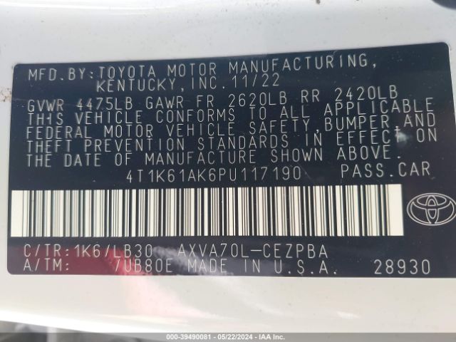 Photo 8 VIN: 4T1K61AK6PU117190 - TOYOTA CAMRY 