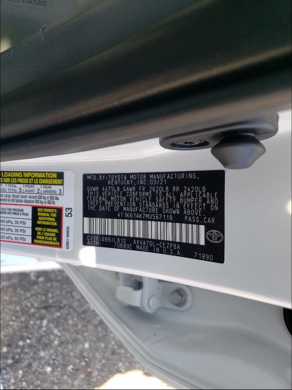 Photo 9 VIN: 4T1K61AK7MU567118 - TOYOTA CAMRY XSE 