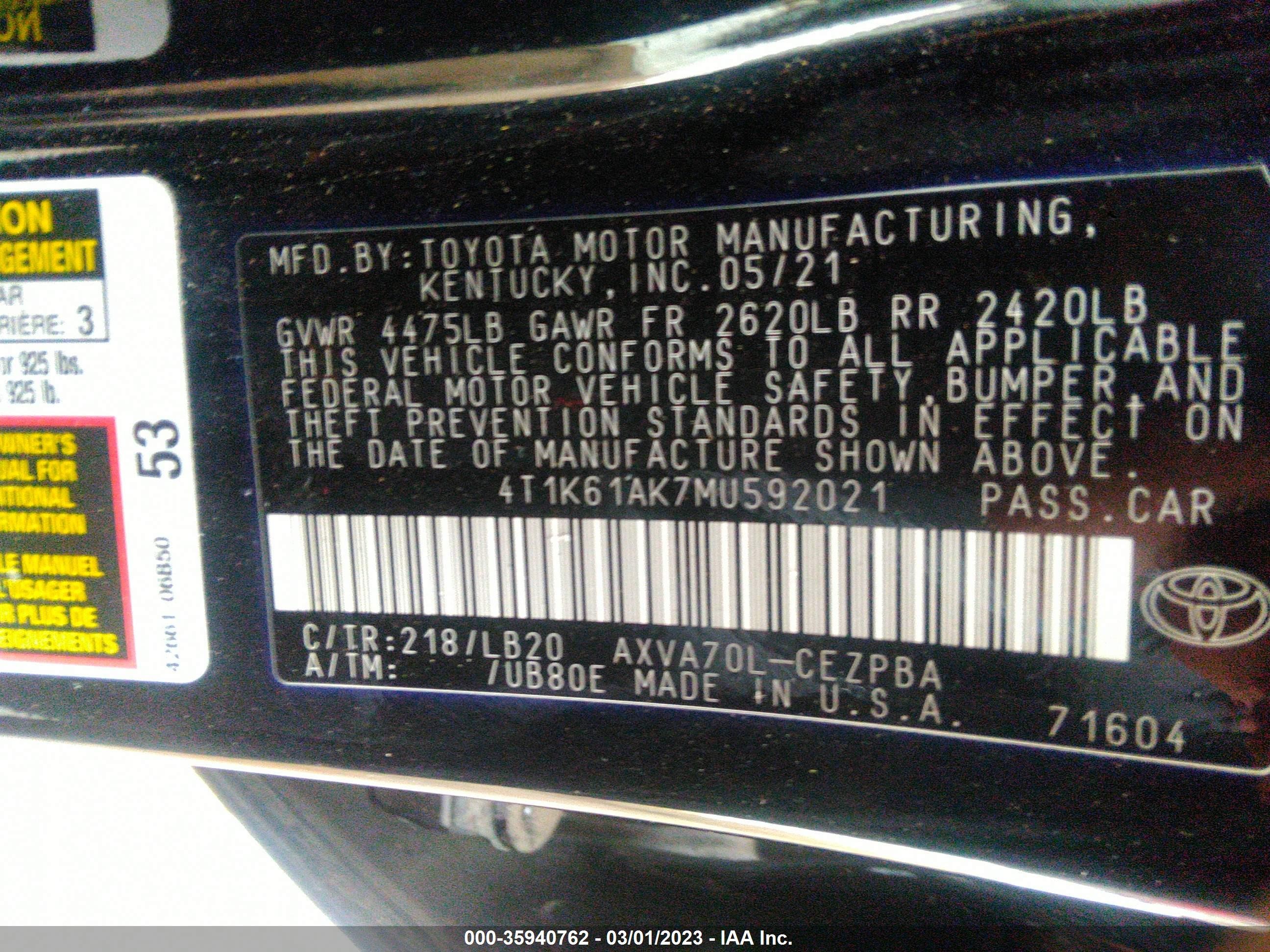 Photo 8 VIN: 4T1K61AK7MU592021 - TOYOTA CAMRY 