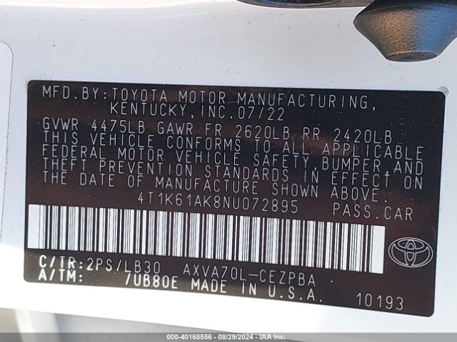 Photo 8 VIN: 4T1K61AK8NU072895 - TOYOTA CAMRY 