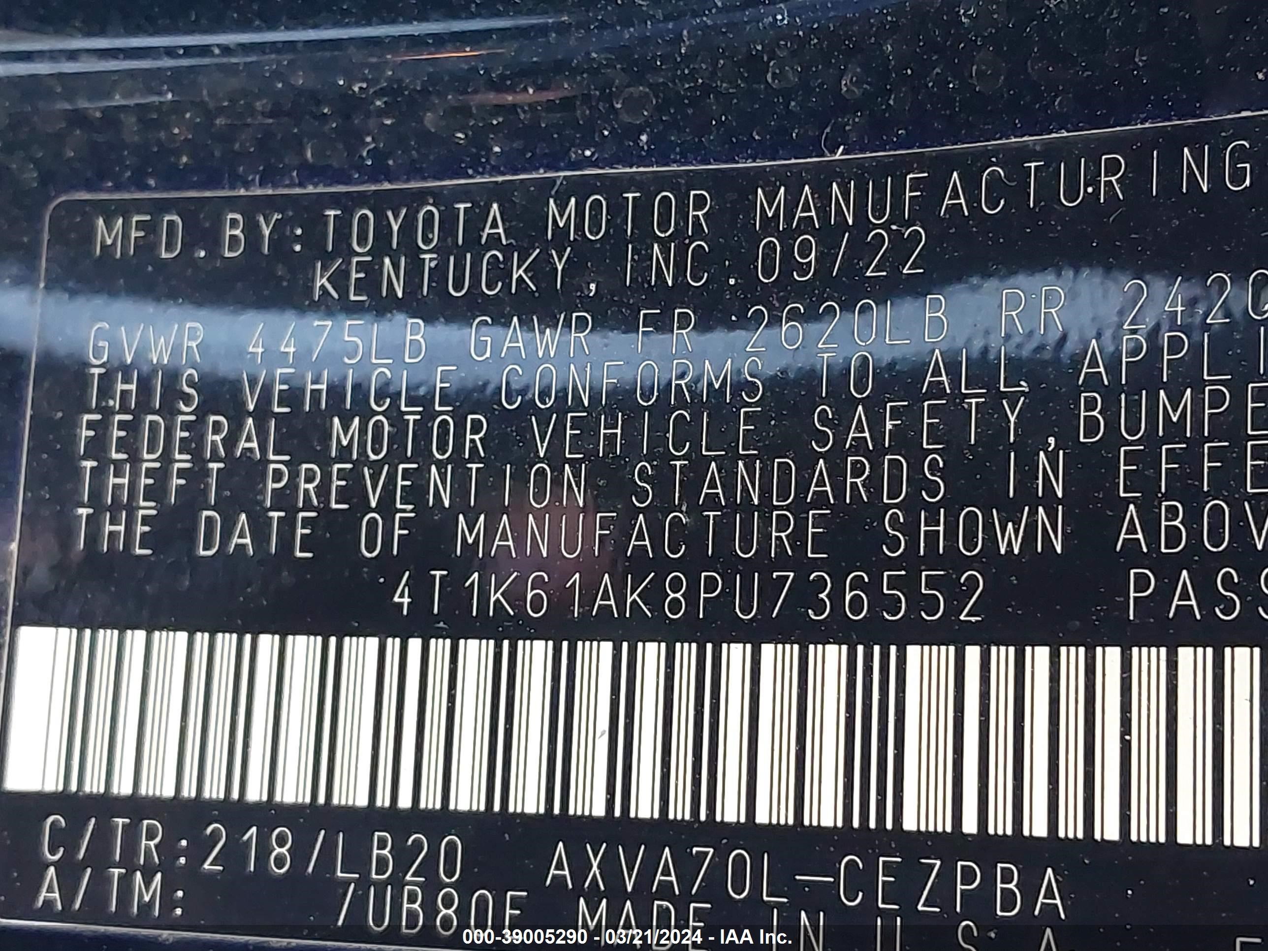 Photo 8 VIN: 4T1K61AK8PU736552 - TOYOTA CAMRY 