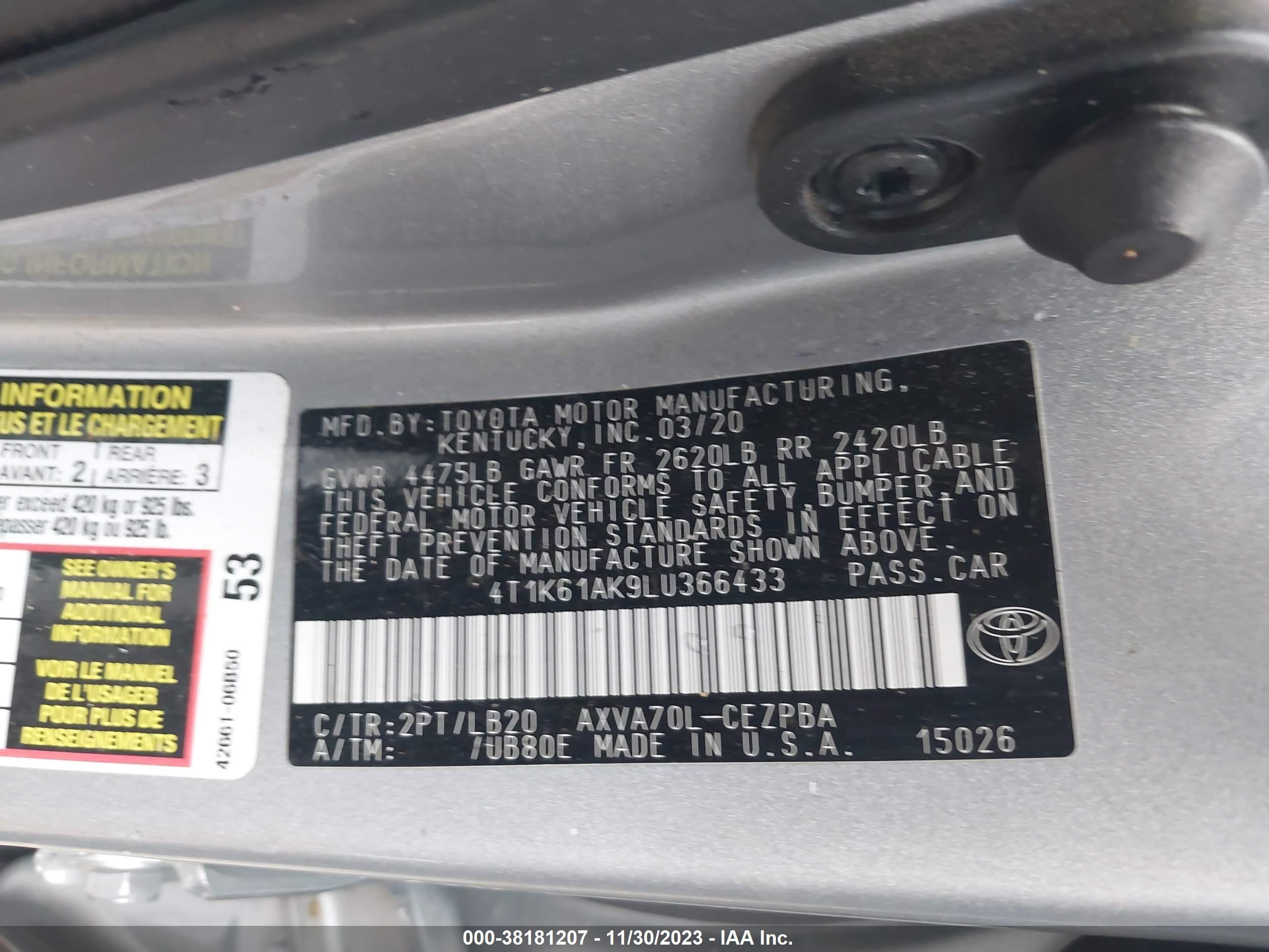 Photo 8 VIN: 4T1K61AK9LU366433 - TOYOTA CAMRY 