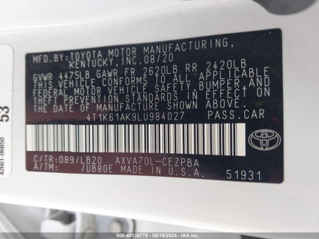 Photo 8 VIN: 4T1K61AK9LU984027 - TOYOTA CAMRY 