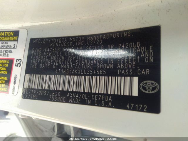 Photo 8 VIN: 4T1K61AKXLU354565 - TOYOTA CAMRY 