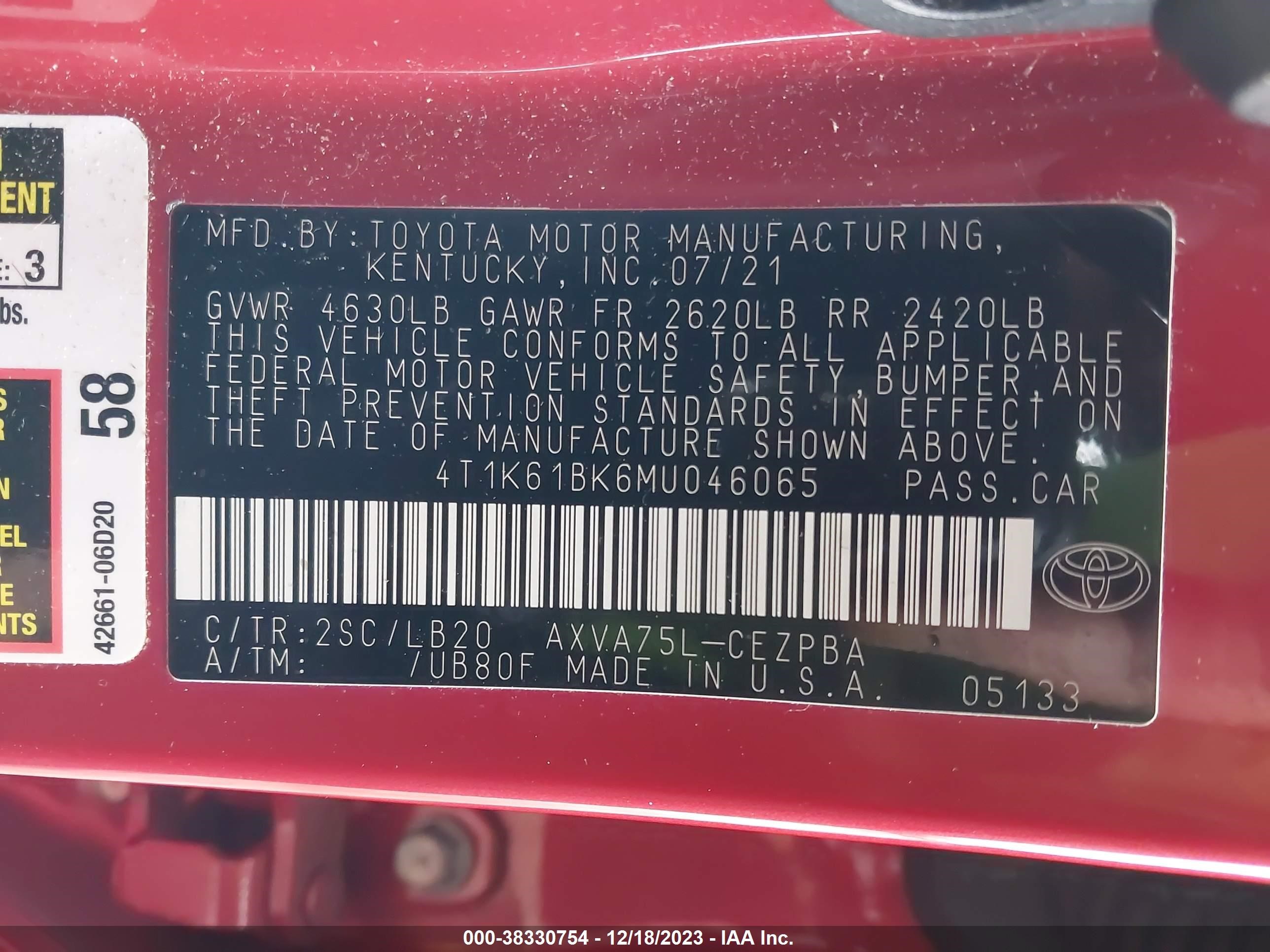 Photo 8 VIN: 4T1K61BK6MU046065 - TOYOTA CAMRY 