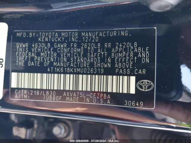 Photo 8 VIN: 4T1K61BKXMU026319 - TOYOTA CAMRY 