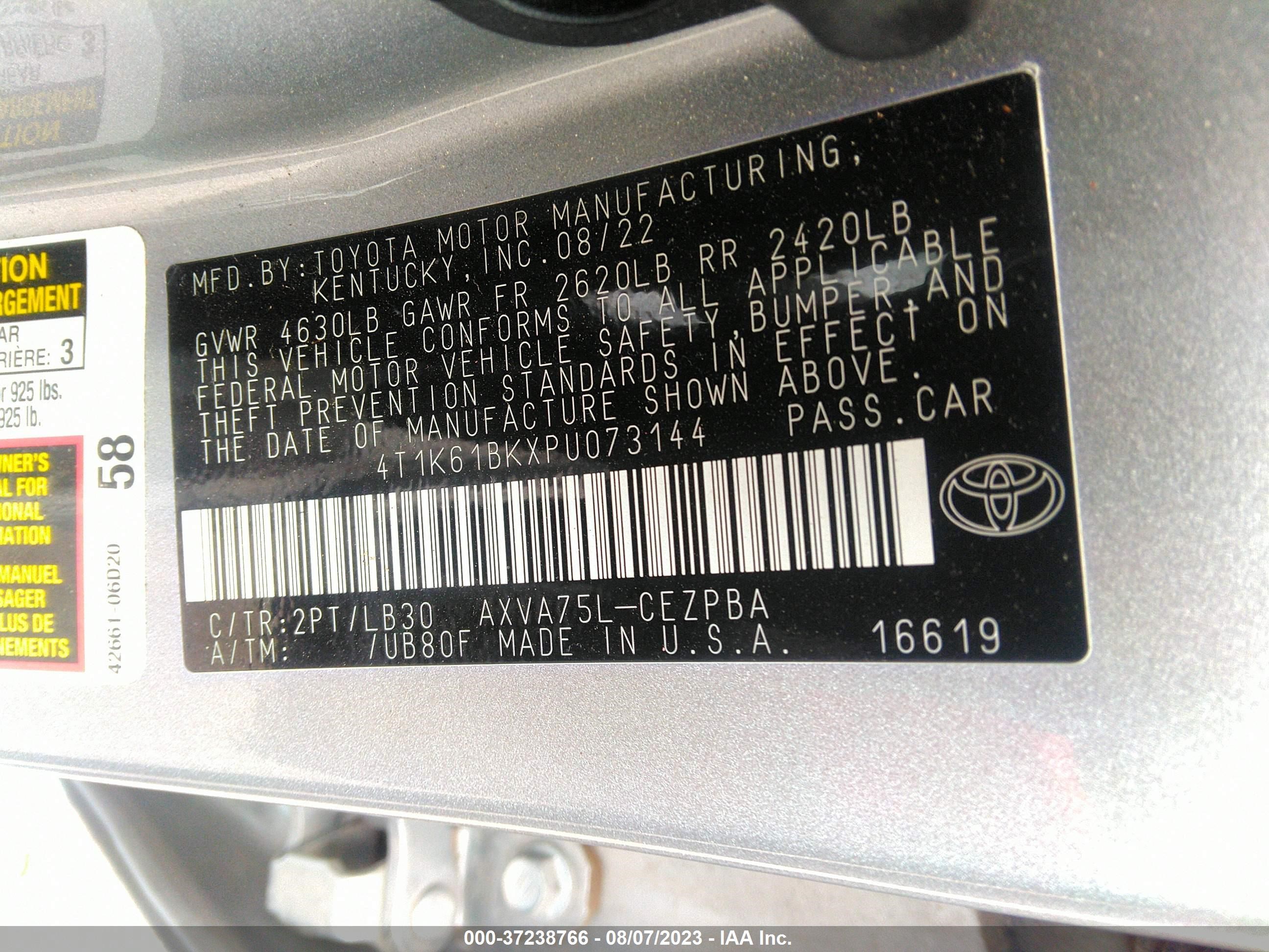 Photo 8 VIN: 4T1K61BKXPU073144 - TOYOTA CAMRY 