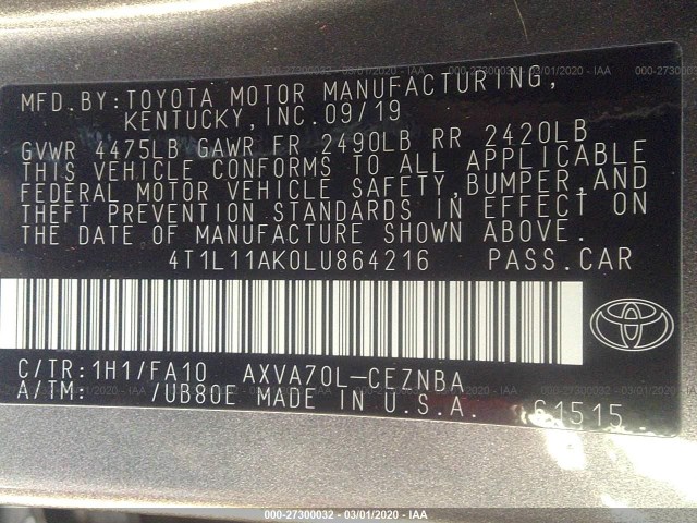 Photo 8 VIN: 4T1L11AK0LU864216 - TOYOTA CAMRY 