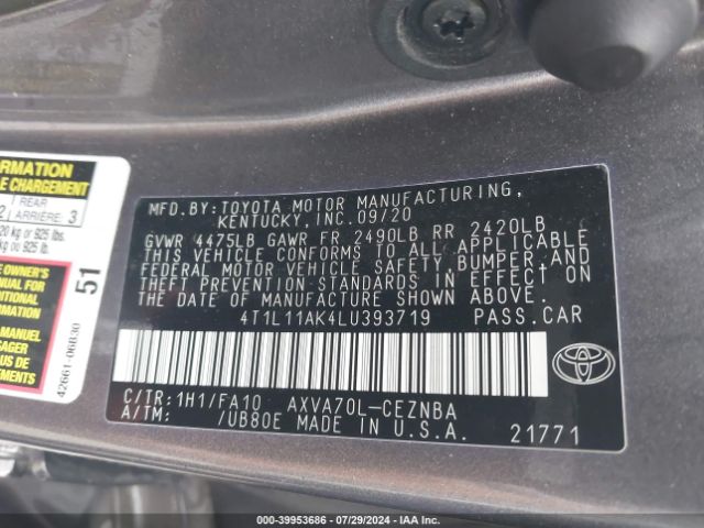 Photo 8 VIN: 4T1L11AK4LU393719 - TOYOTA CAMRY 