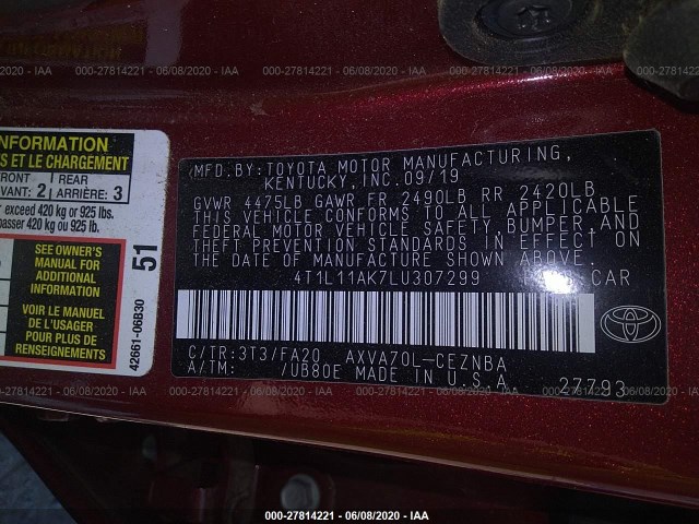 Photo 8 VIN: 4T1L11AK7LU307299 - TOYOTA CAMRY 