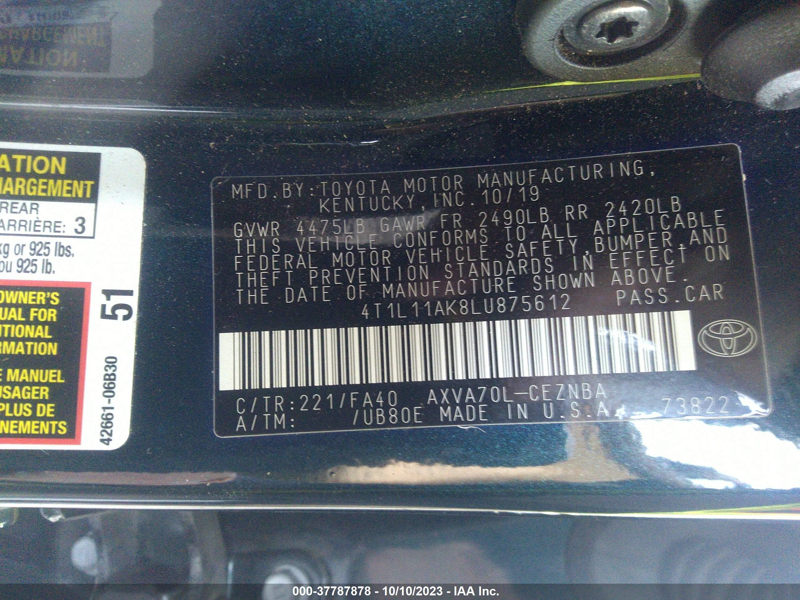 Photo 8 VIN: 4T1L11AK8LU875612 - TOYOTA CAMRY 