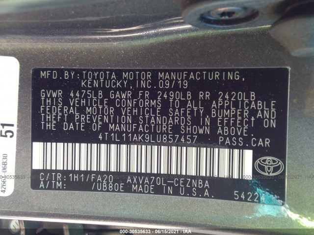 Photo 8 VIN: 4T1L11AK9LU857457 - TOYOTA CAMRY 